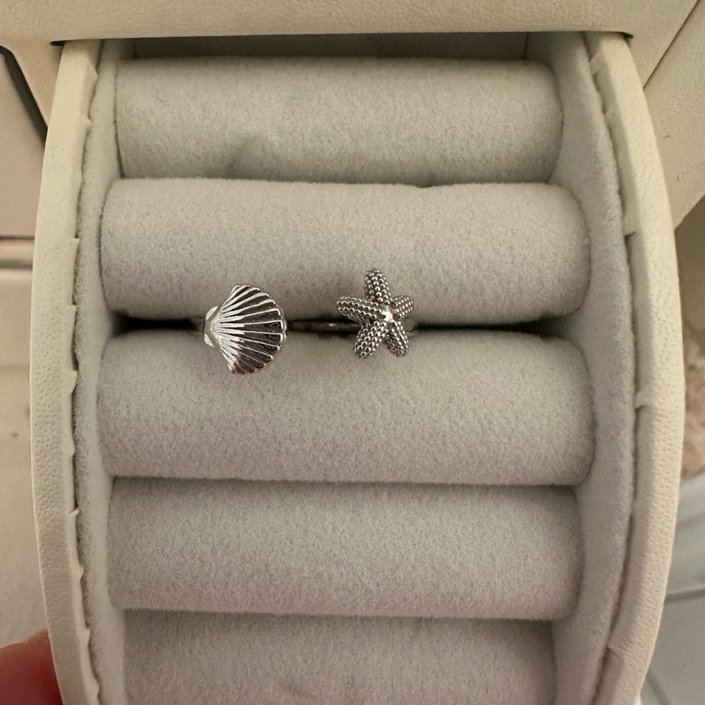 Sterling Silver Seashell & Starfish Open Ring - Beach Charm